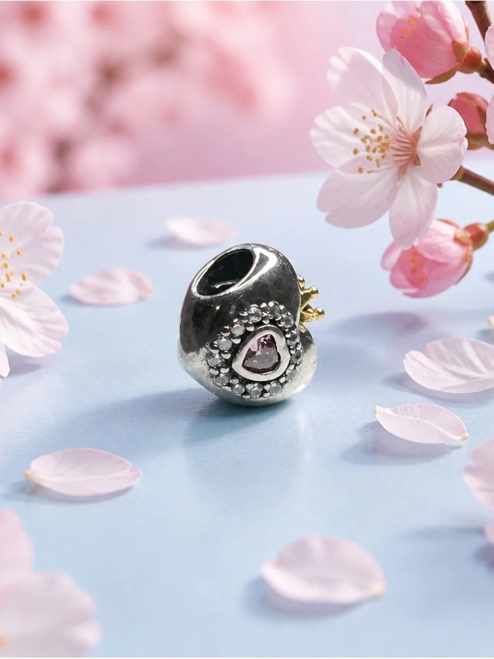 Heart Accent Silver Charm Bead with Pink Stone new with out tag